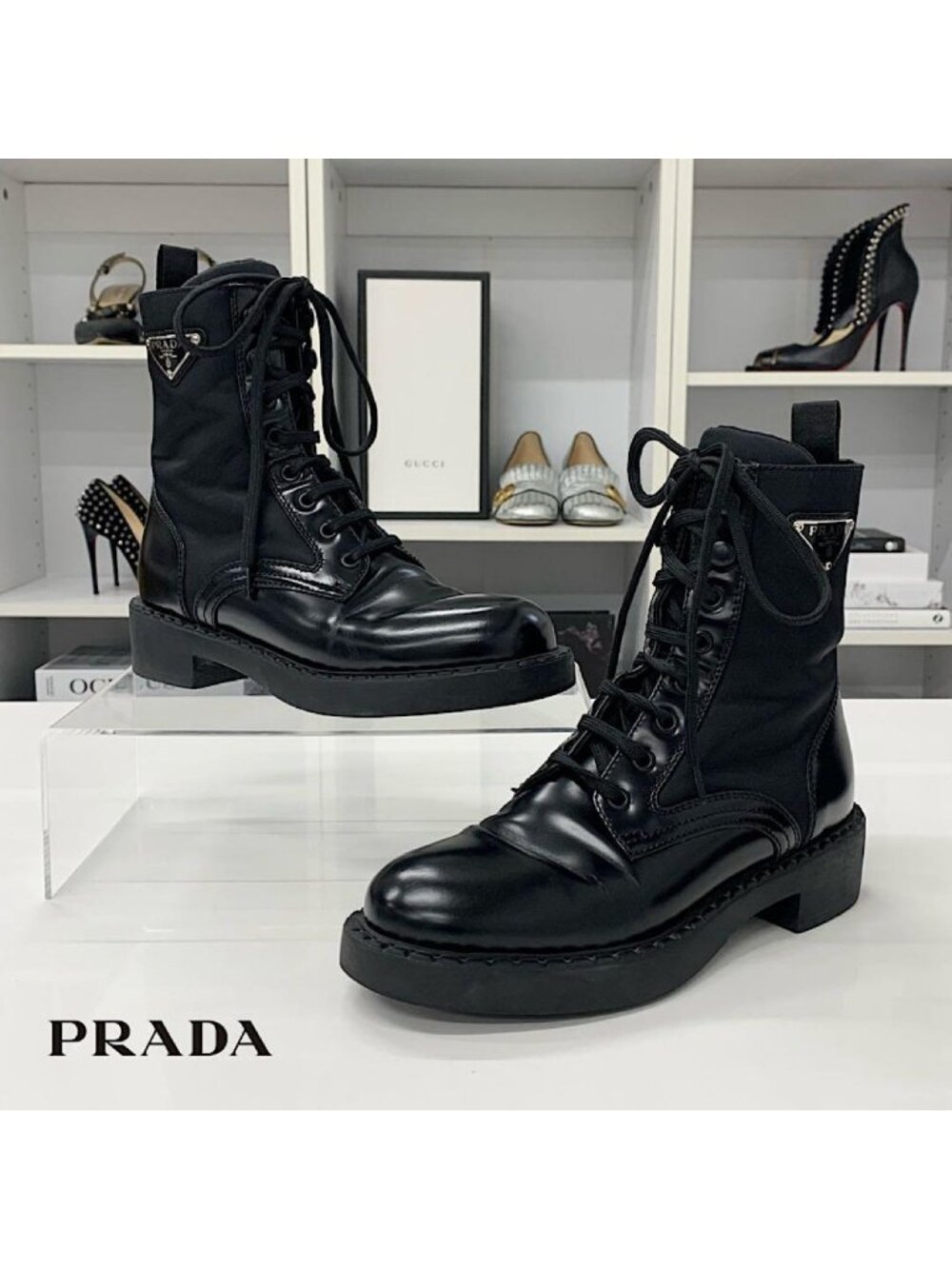 Prada Re-Nylon Leather Triangle Logo Short Boots